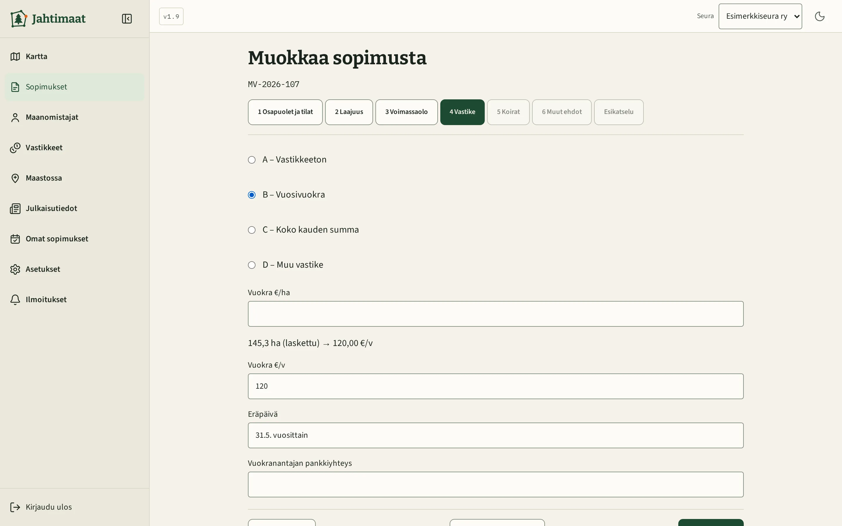 Sopimuslomakkeen vastikevaihe: €/ha-laskuri ja vuosivuokra